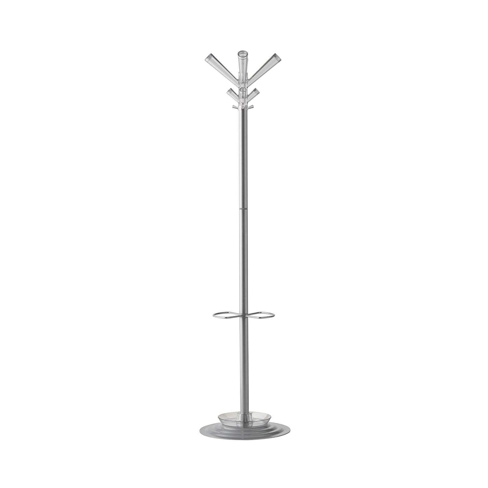 A modern silver metal coat rack with four angled hanging hooks at the top, a circular ring shelf in the middle, and a round base, shown on a plain white background.