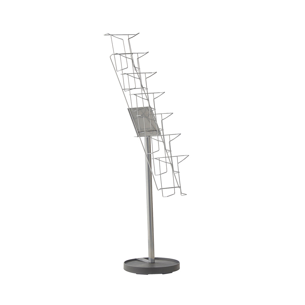 Metal brochure stand with multiple tiers on a white background