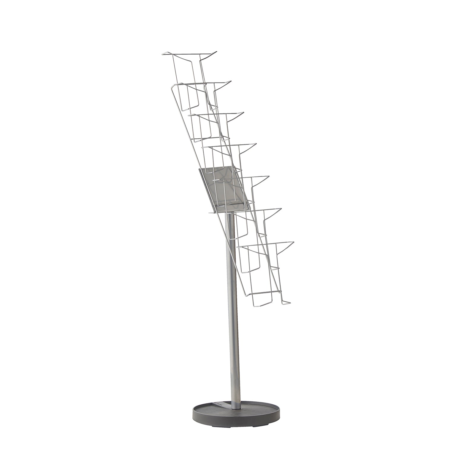 Metal brochure stand with multiple tiers on a white background
