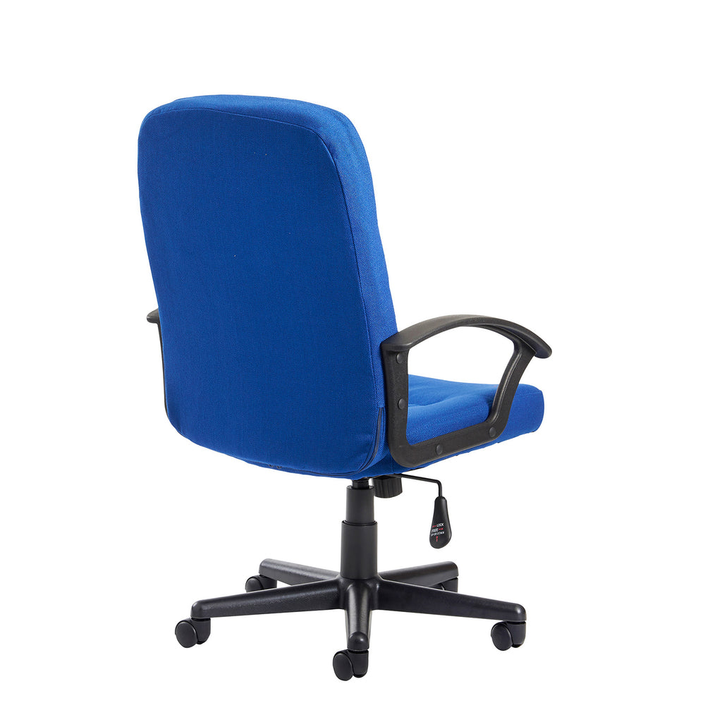 Blue office chair with black arms and frame on a white background