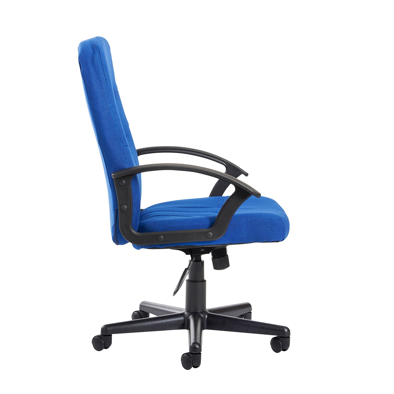 Blue office chair with black arms and frame on a white background
