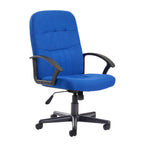 Blue office chair with black arms and frame on a white background
