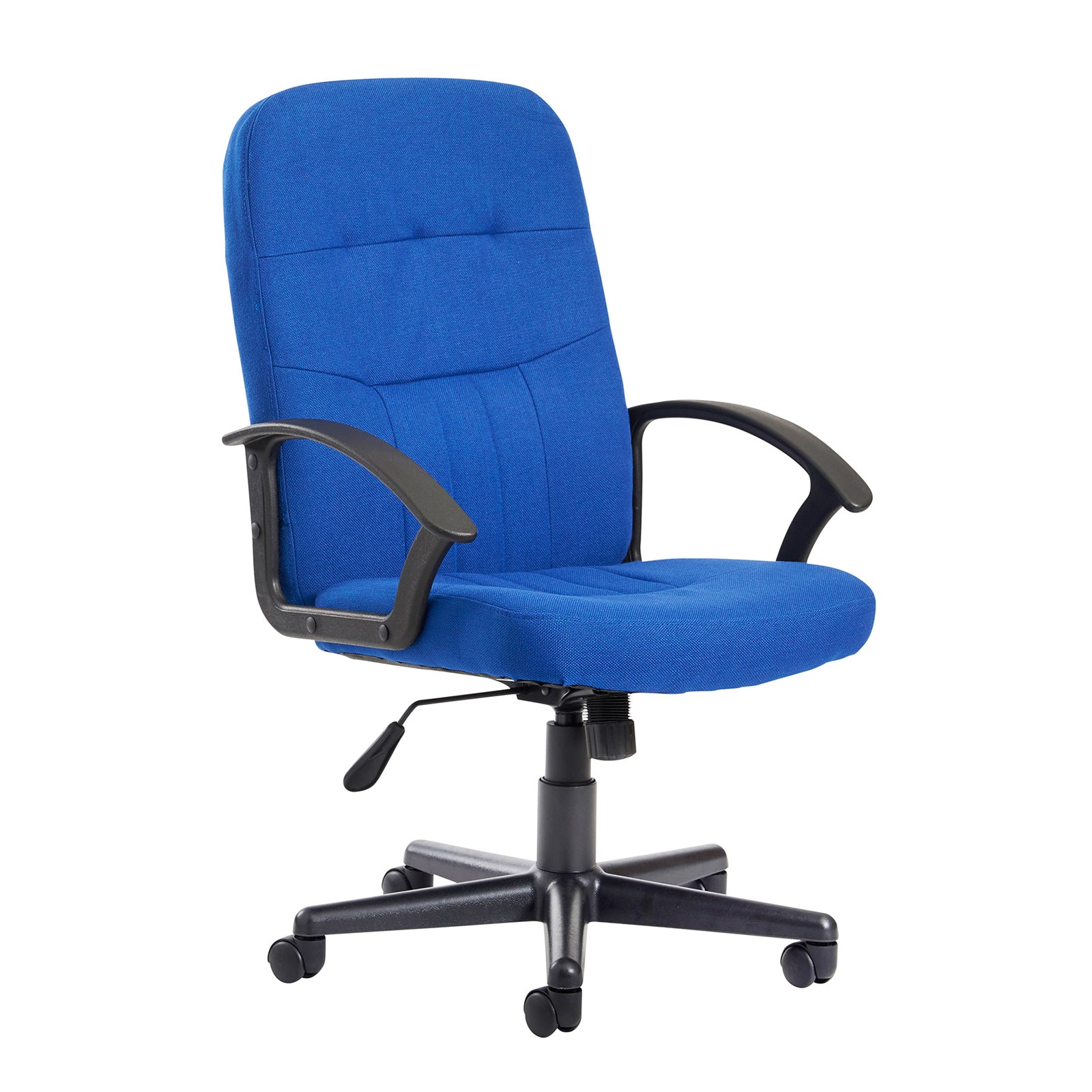 Blue office chair with black arms and frame on a white background