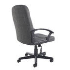Grey office chair with black arms and frame on a white background