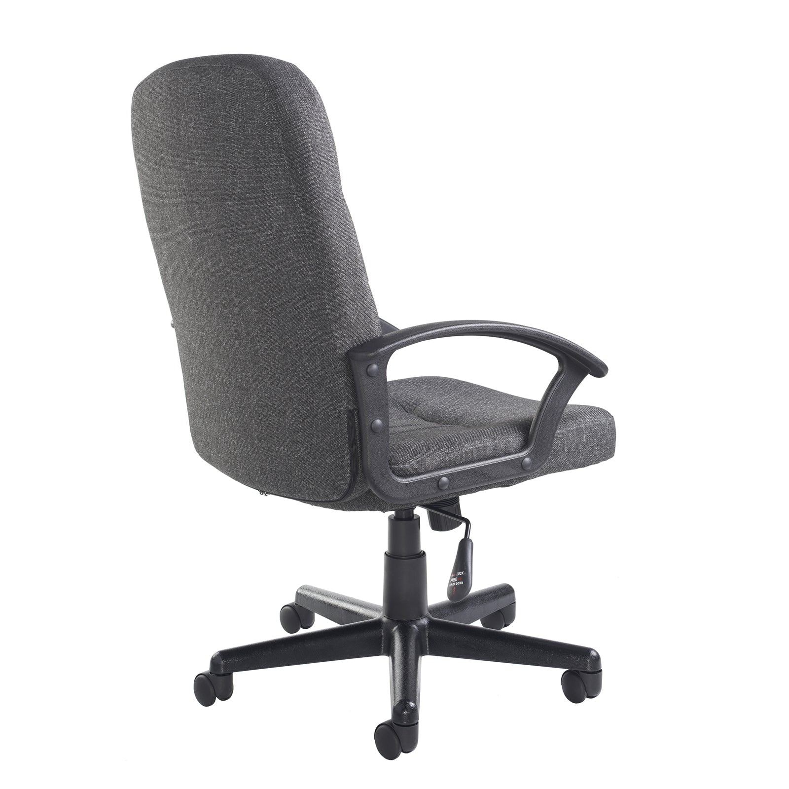 Grey office chair with black arms and frame on a white background