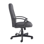 Grey office chair with black arms and frame on a white background