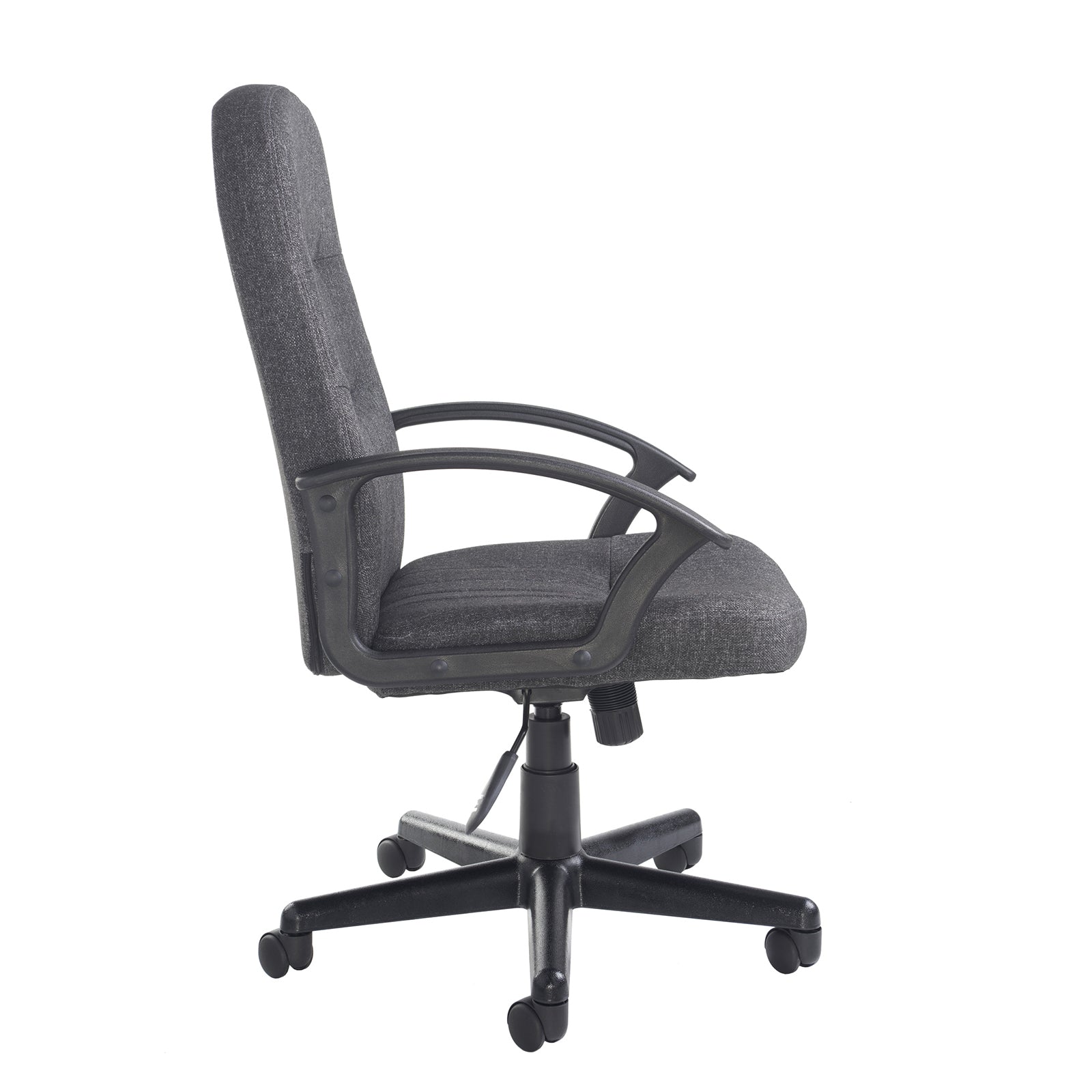 Grey office chair with black arms and frame on a white background