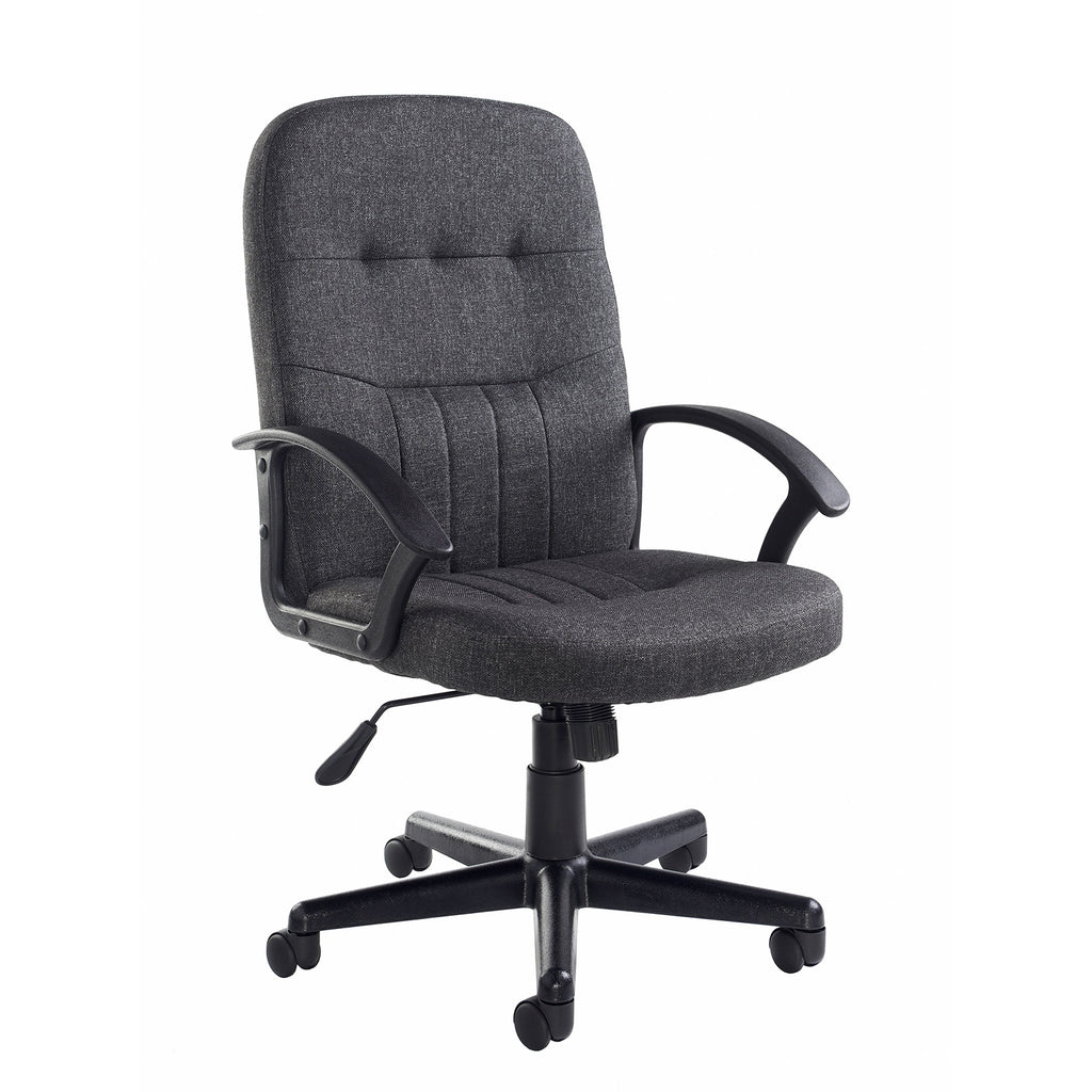 Grey office chair with black arms and frame on a white background