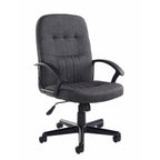 Grey office chair with black arms and frame on a white background