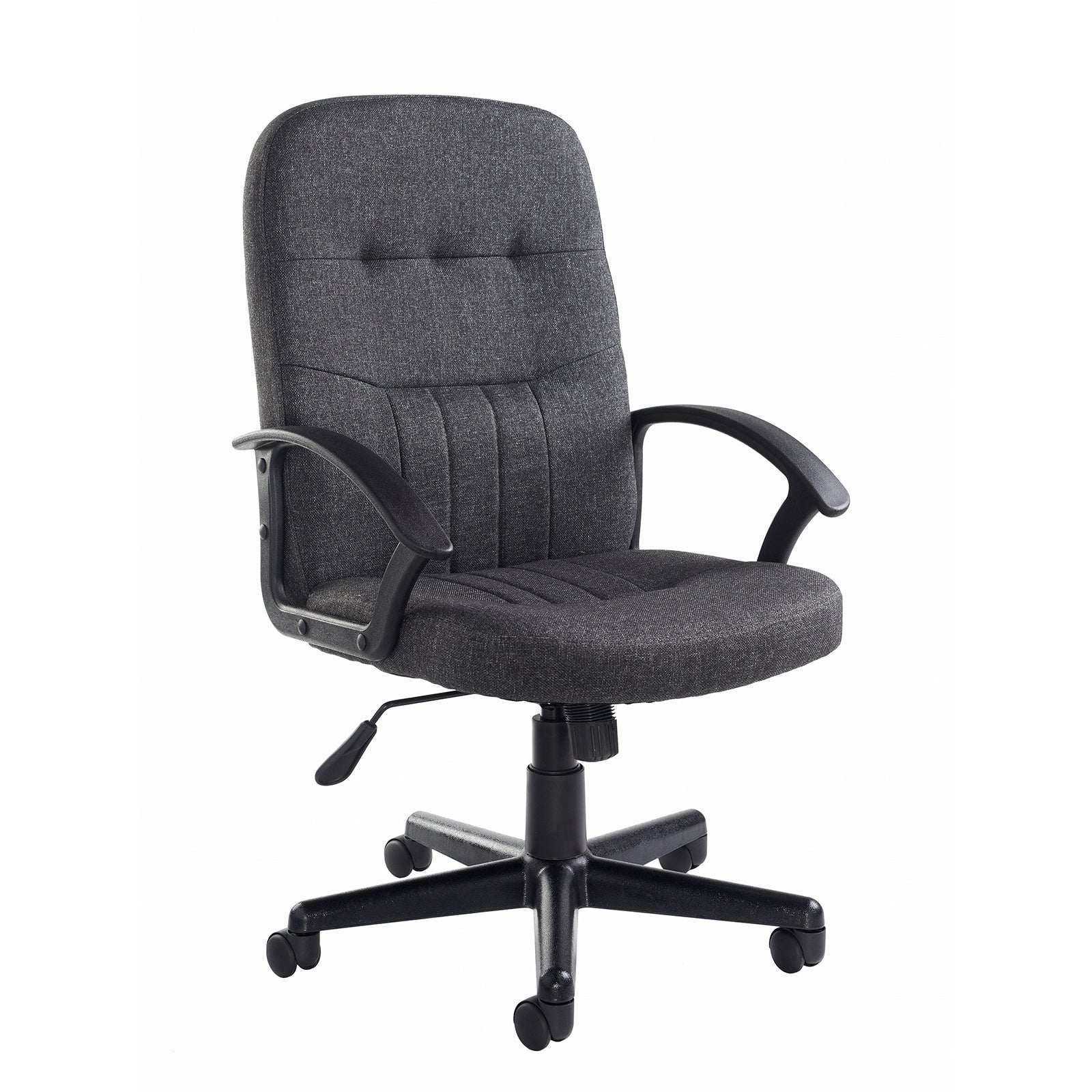 Grey office chair with black arms and frame on a white background