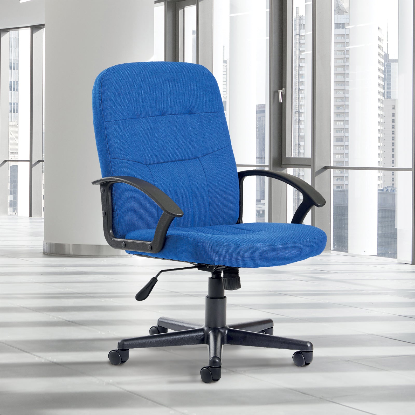 Blue office chair with black arms and frame on a grey floor with big windows in the background
