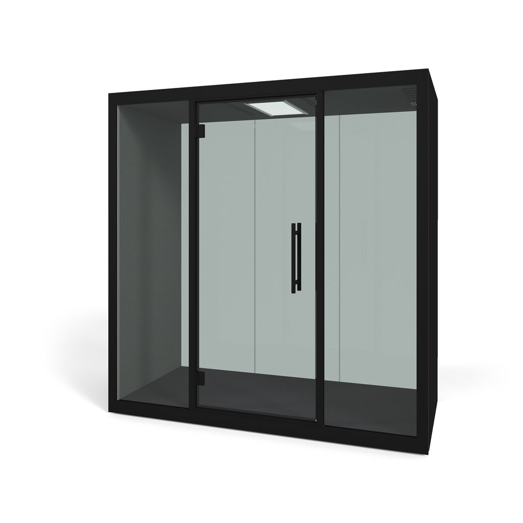 Acoustic booth with black exterior on a white background