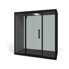 Acoustic booth with black exterior on a white background