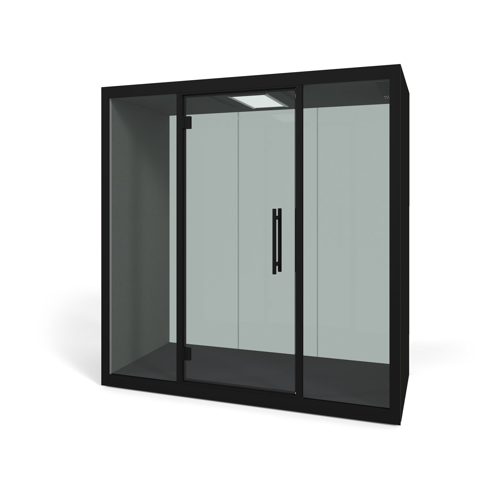 Acoustic booth with black exterior on a white background