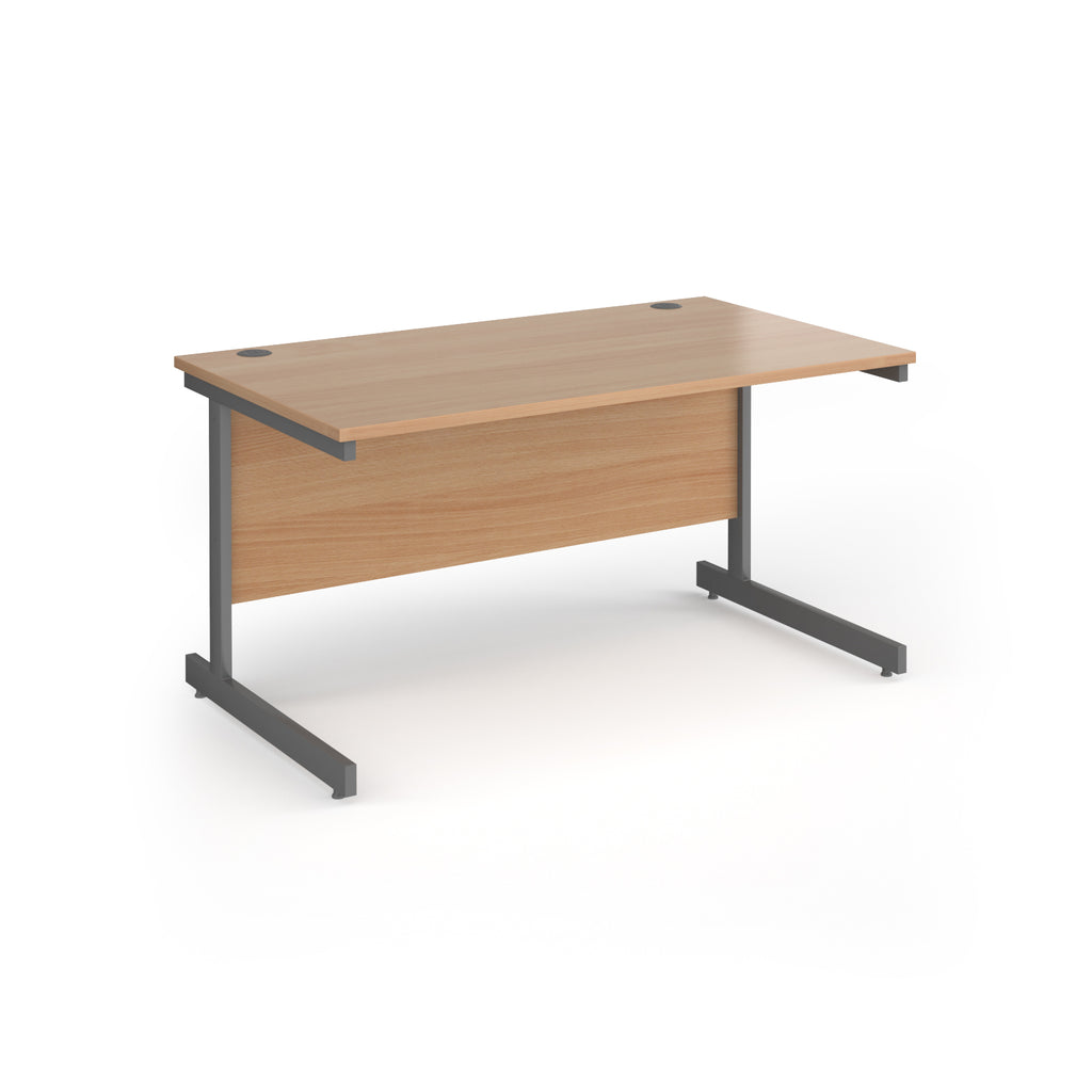 Rectangular desk with wood-effect top and grey metal frame on a white background
