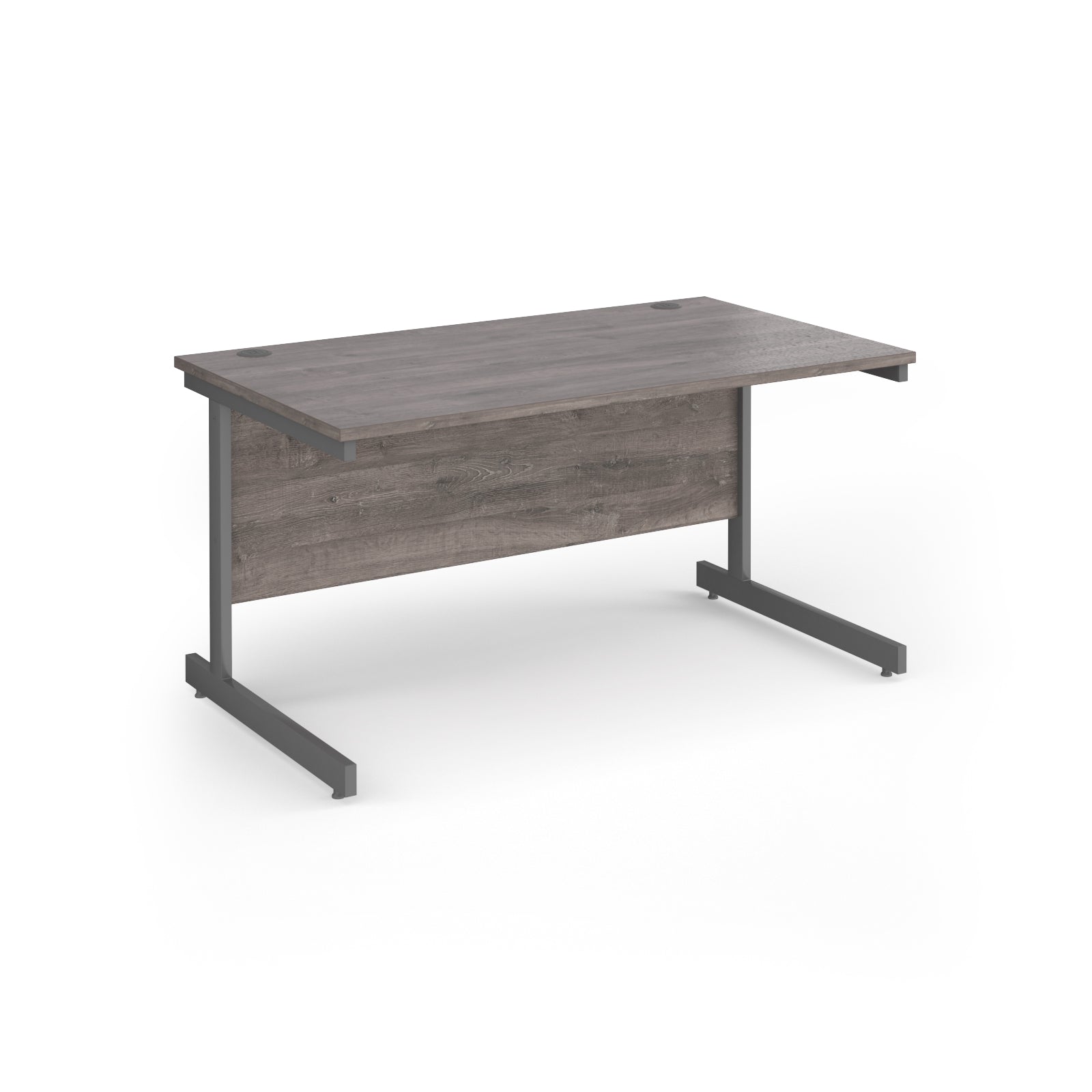 Rectangular desk with grey wood-effect top and grey metal frame on a white background