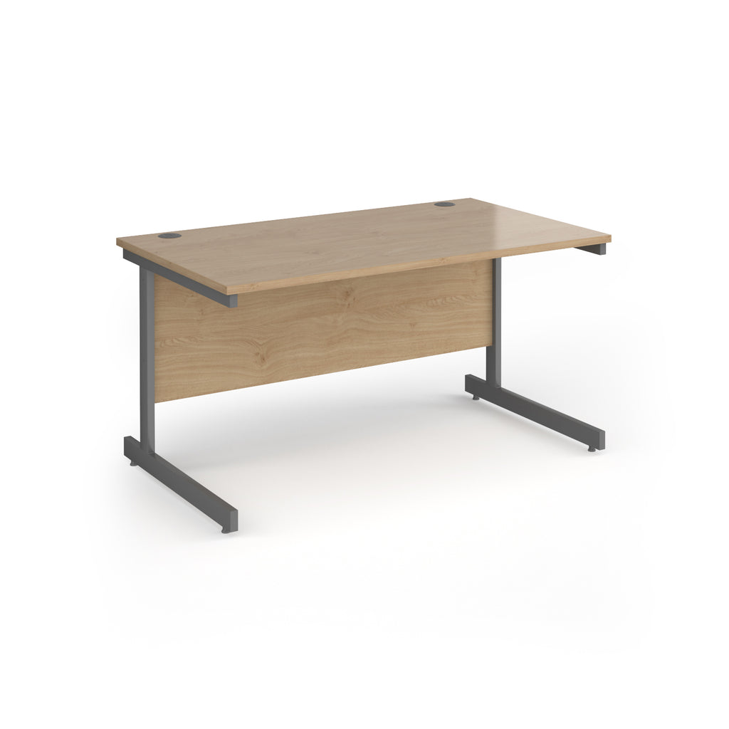Rectangular desk with wood-effect top and grey metal frame on a white background