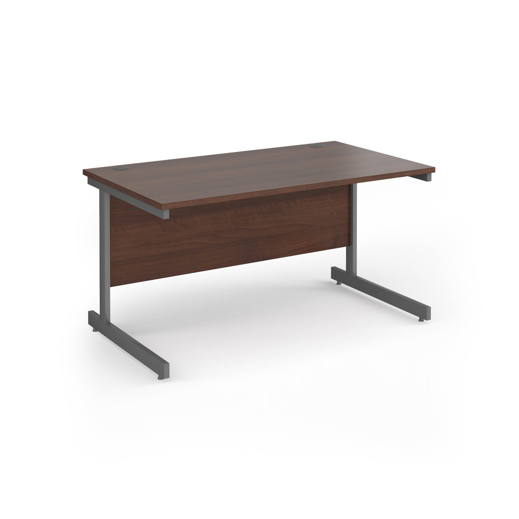 Rectangular desk with wood-effect top and grey metal frame on a white background