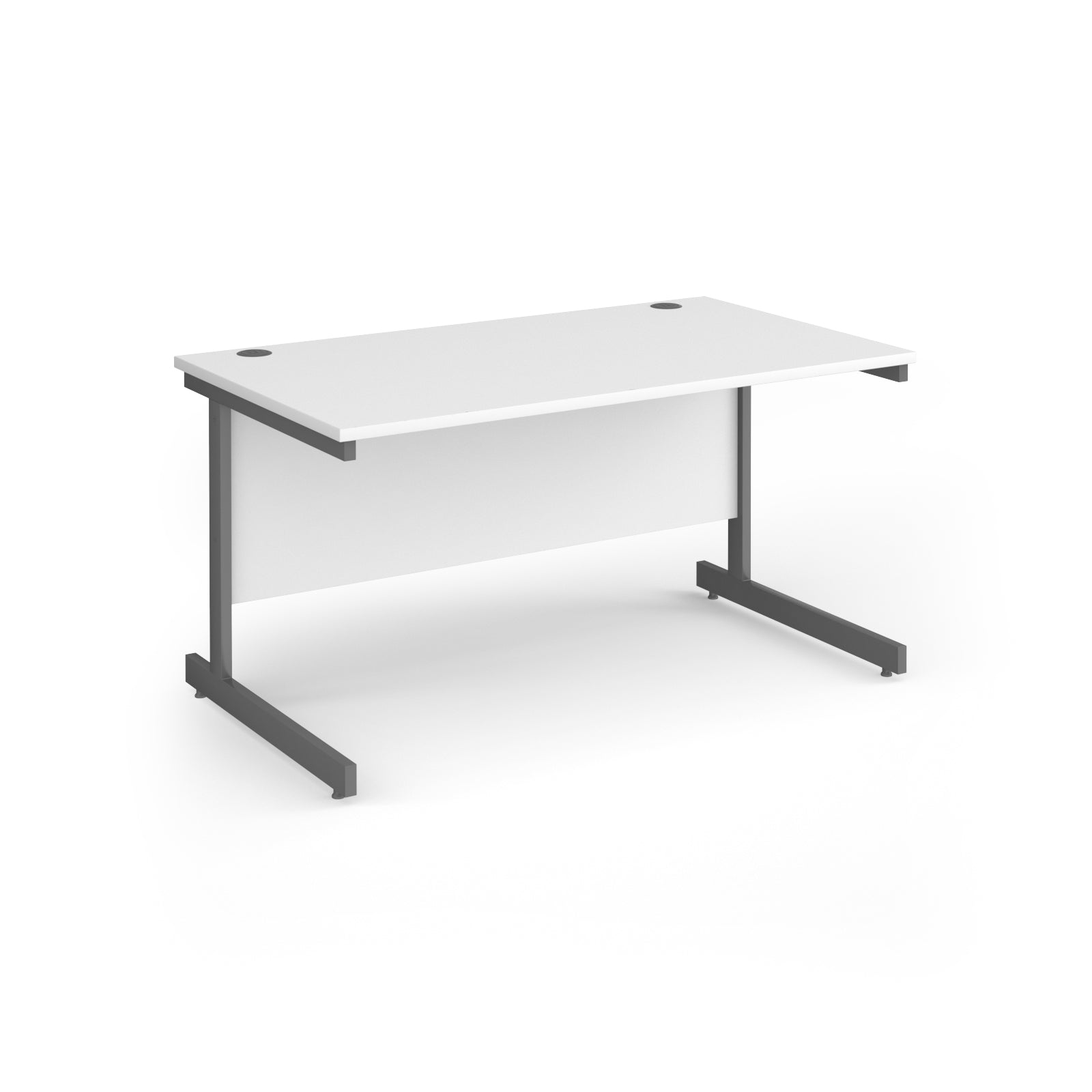 Rectangular desk with white top and grey metal frame on a white background