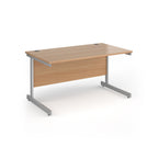 Rectangular desk with wood-effect top and silver metal frame on a white background