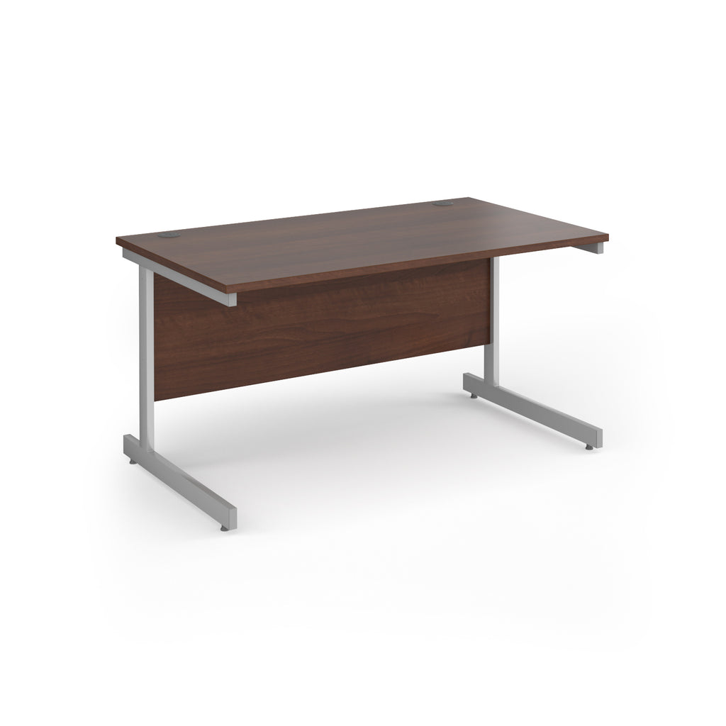 Rectangular desk with wood-effect top and silver metal frame on a white background