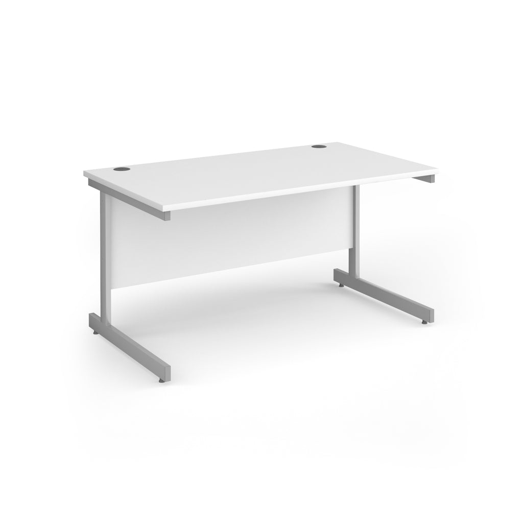 Rectangular desk with white top and silver metal frame on a white background