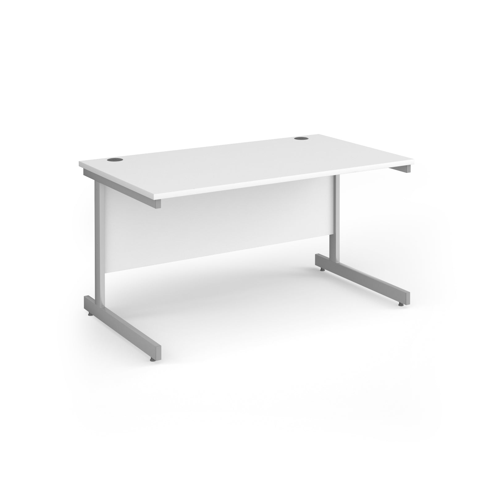 Rectangular desk with white top and silver metal frame on a white background