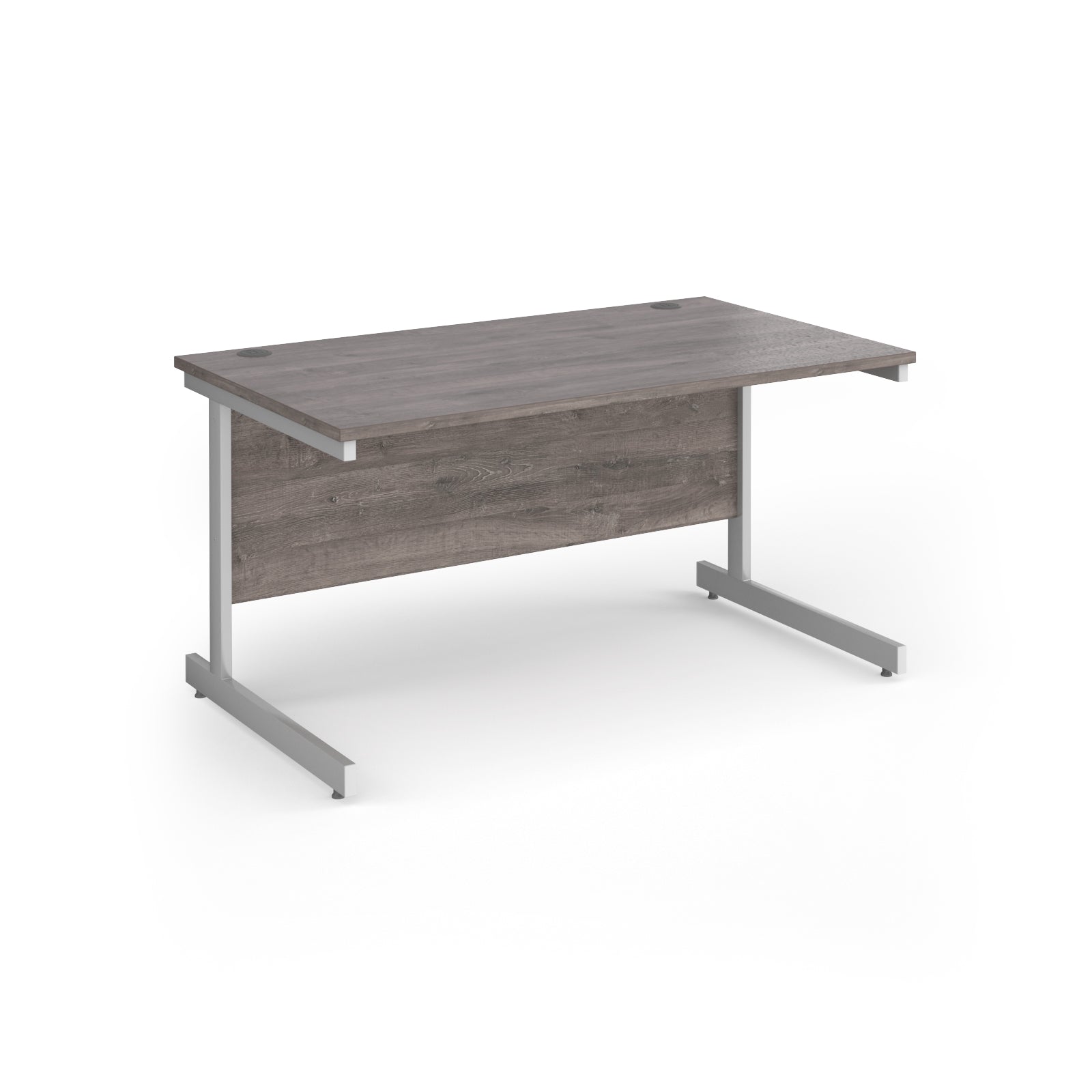 Rectangular desk with grey wood-effect top and white metal frame on a white background