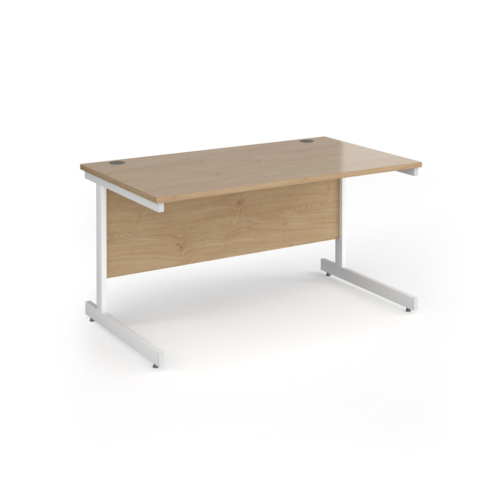 Rectangular desk with wood-effect top and white metal frame on a white background