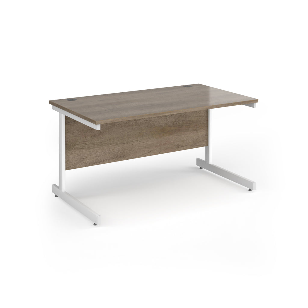 Rectangular desk with wood-effect top and white metal frame on a white background
