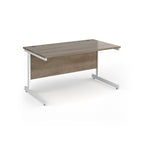 Rectangular desk with wood-effect top and white metal frame on a white background