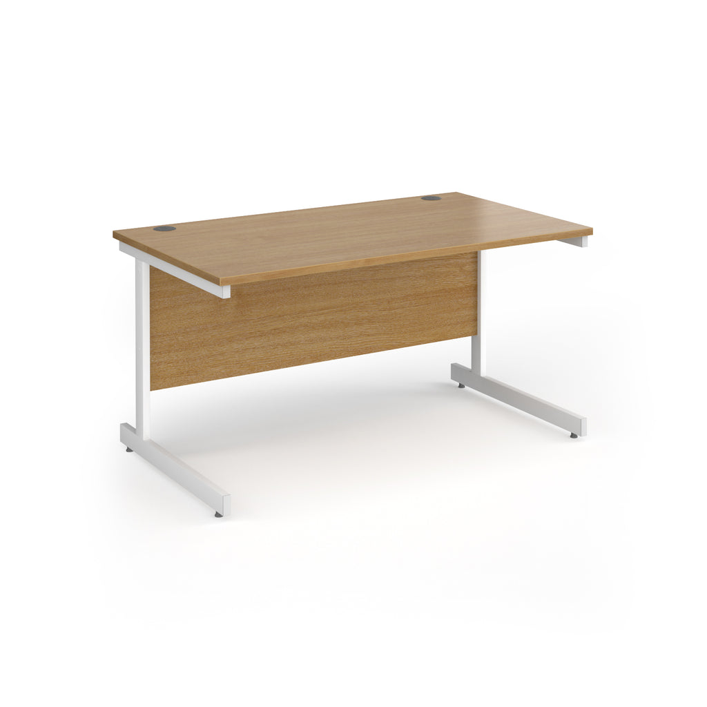 Rectangular desk with wood-effect top and white metal frame on a white background