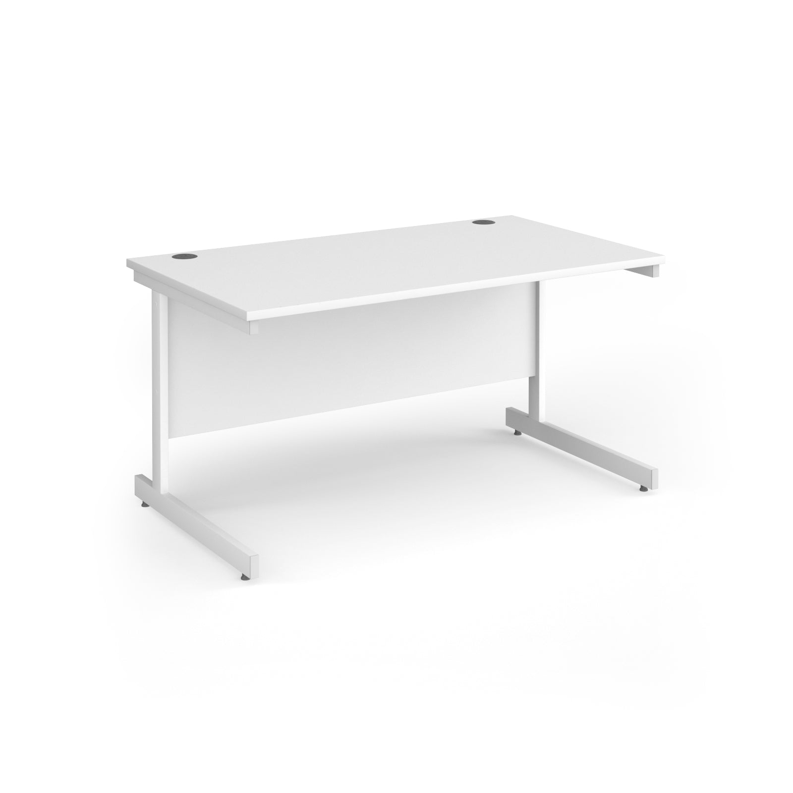 White rectangular desk with metal frame on a white background