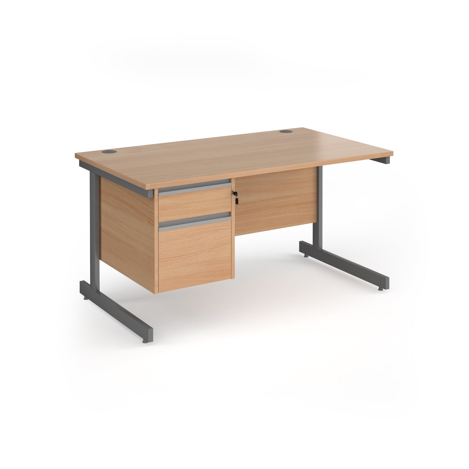 Rectangular desk with wood-effect top and matching 2-drawer pedestal, with grey metal frame, shown on a white background