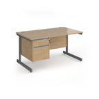 Rectangular desk with wood-effect top and matching 2-drawer pedestal, with grey metal frame, shown on a white background
