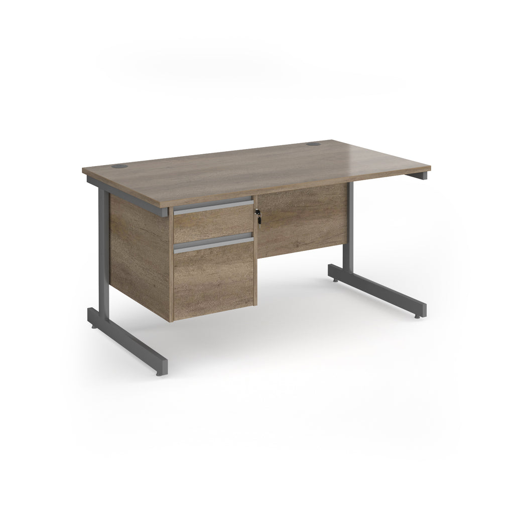 Rectangular desk with wood-effect top and matching 2-drawer pedestal, with grey metal frame, shown on a white background