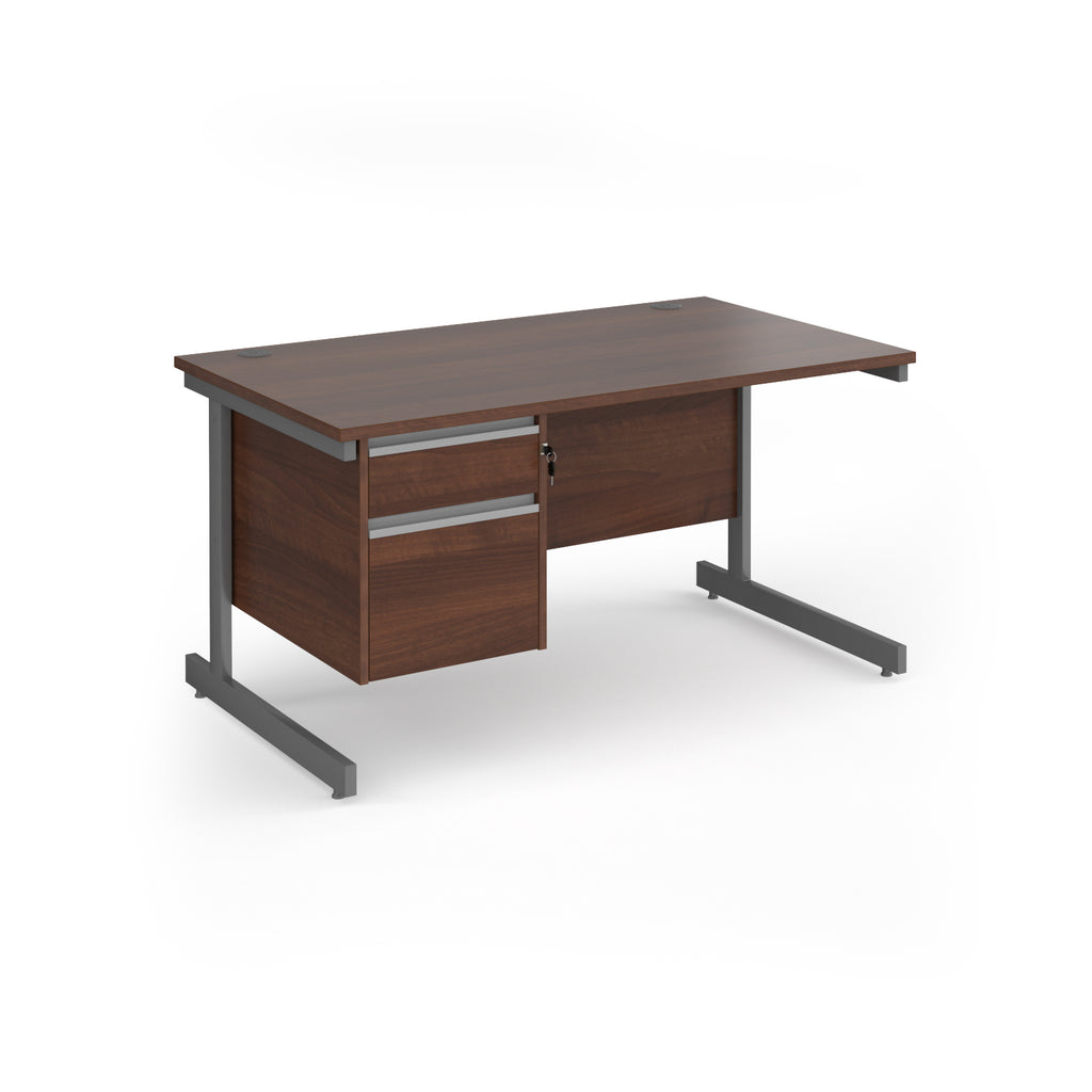 Rectangular desk with wood-effect top and matching 2-drawer pedestal, with grey metal frame, shown on a white background