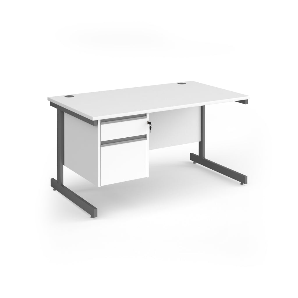 Rectangular desk with white top and matching 2-drawer pedestal, with grey metal frame, shown on a white background