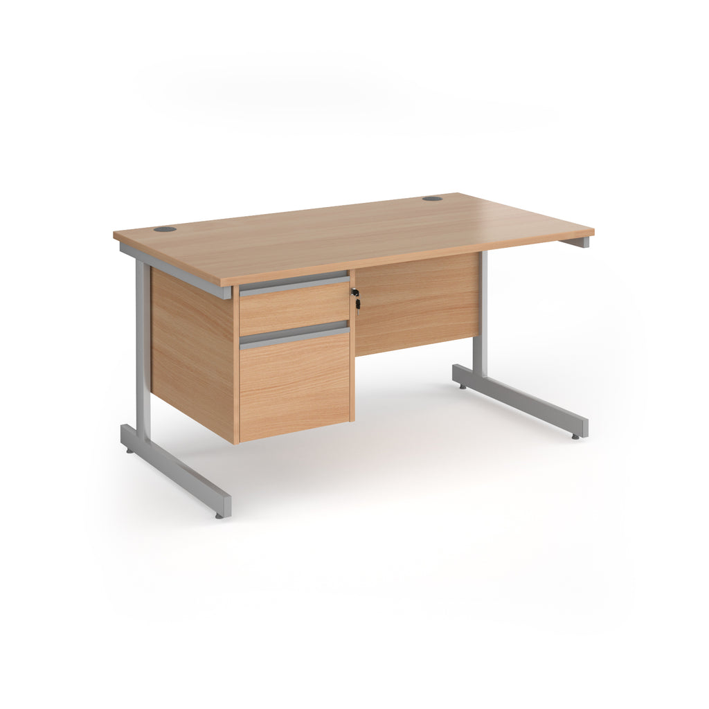 Rectangular desk with wood-effect top and matching 2-drawer pedestal, with silver metal frame, shown on a white background