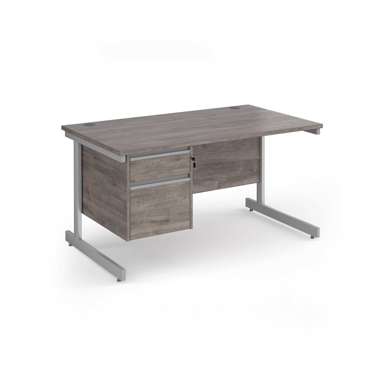Rectangular desk with grey wood-effect top and matching 2-drawer pedestal, with silver metal frame, shown on a white background