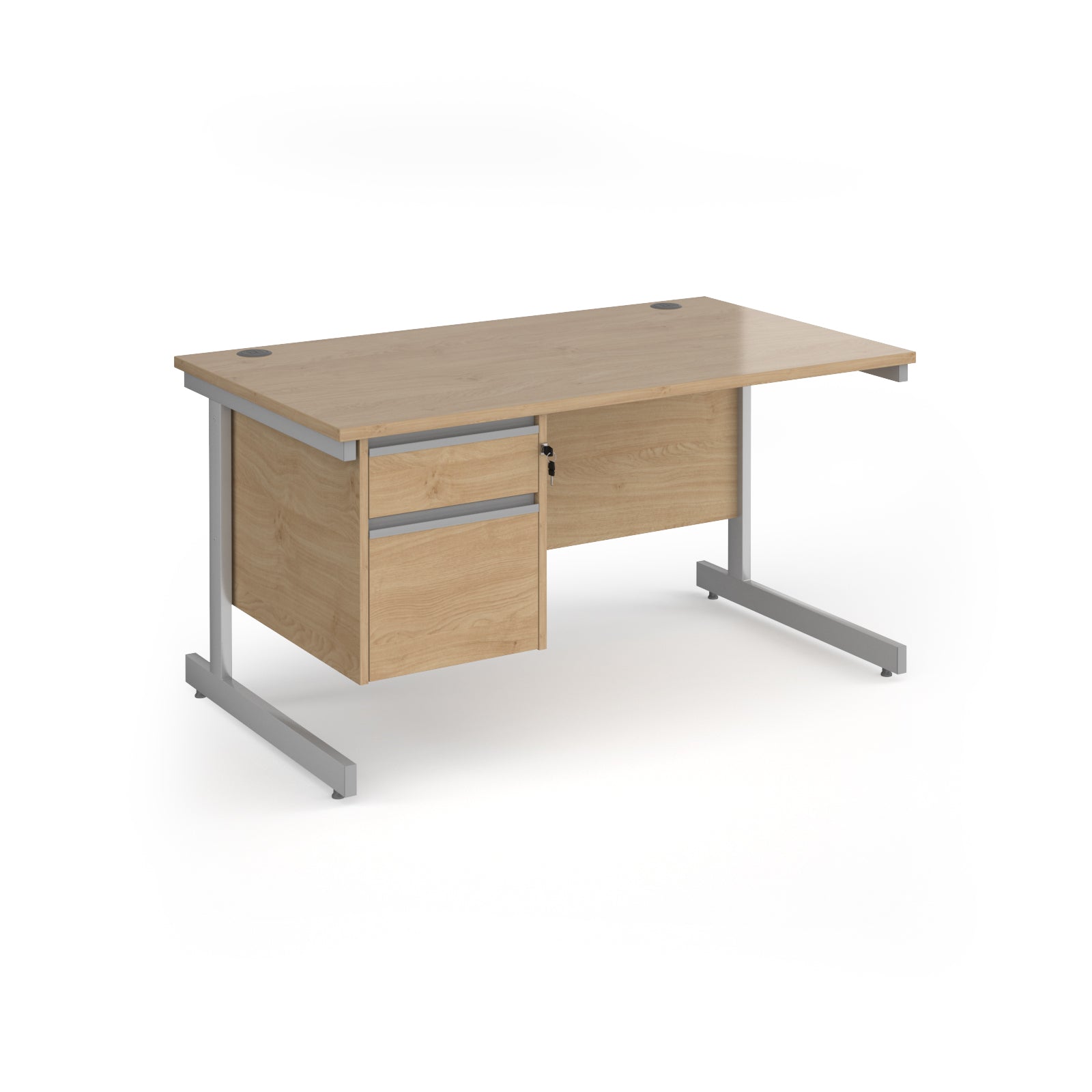 Rectangular desk with wood-effect top and matching 2-drawer pedestal, with silver metal frame, shown on a white background