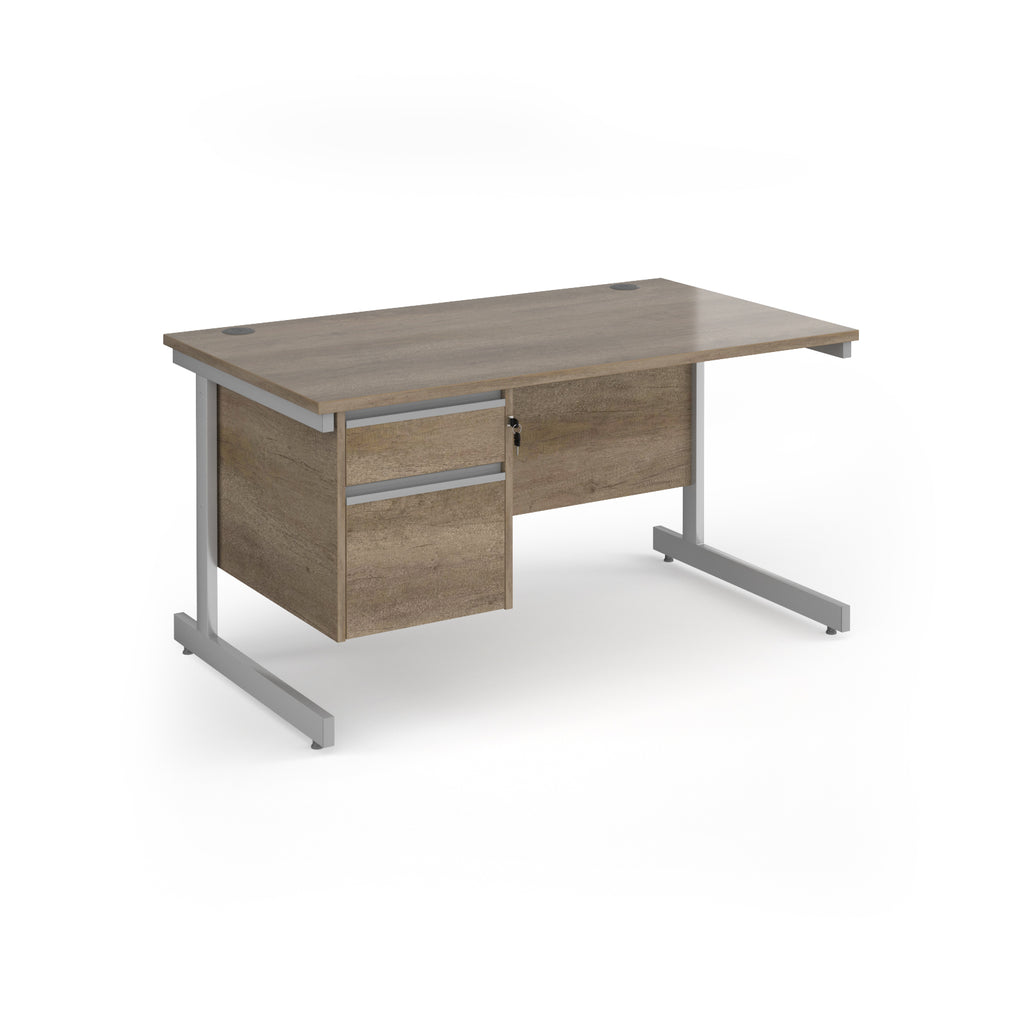 Rectangular desk with wood-effect top and matching 2-drawer pedestal, with silver metal frame, shown on a white background