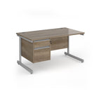 Rectangular desk with wood-effect top and matching 2-drawer pedestal, with silver metal frame, shown on a white background