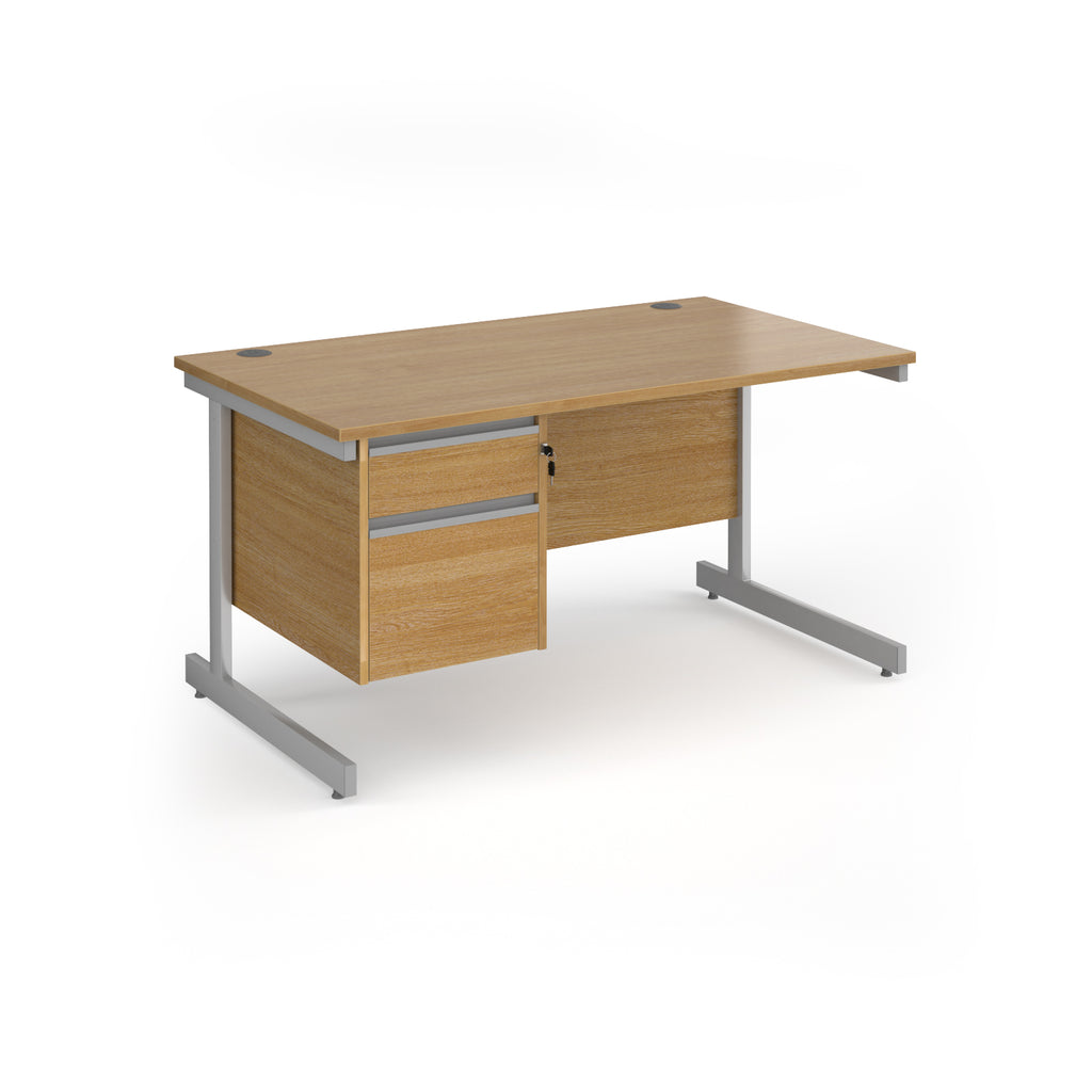 Rectangular desk with wood-effect top and matching 2-drawer pedestal, with silver metal frame, shown on a white background