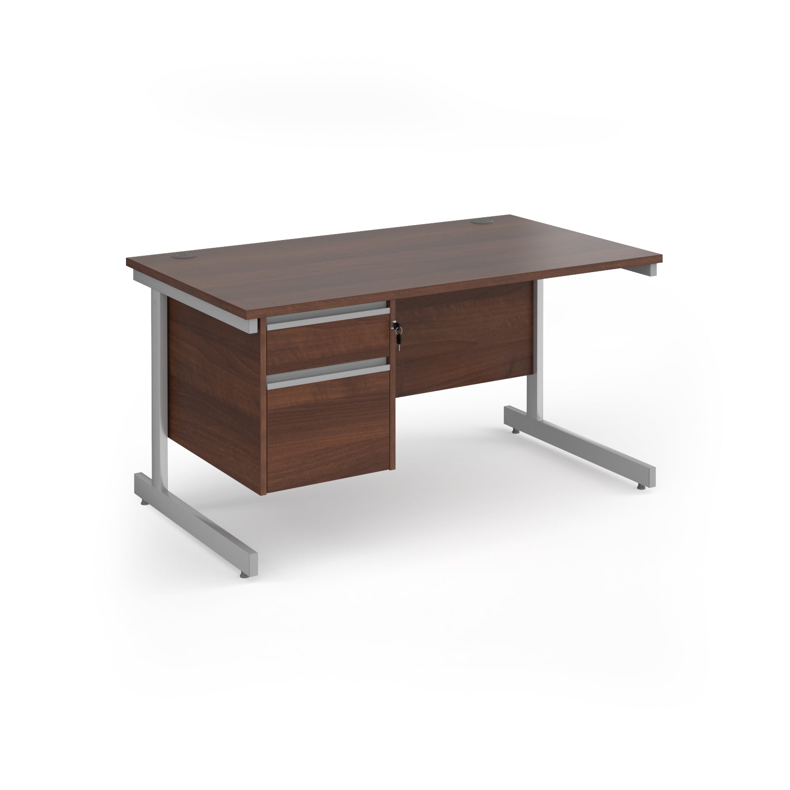 Rectangular desk with wood-effect top and matching 2-drawer pedestal, with silver metal frame, shown on a white background