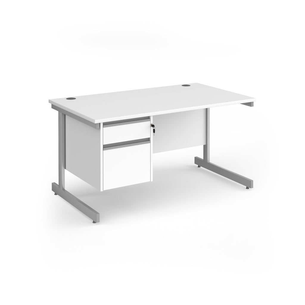Rectangular desk with white top and matching 2-drawer pedestal, with silver metal frame, shown on a white background