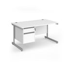 Rectangular desk with white top and matching 2-drawer pedestal, with silver metal frame, shown on a white background