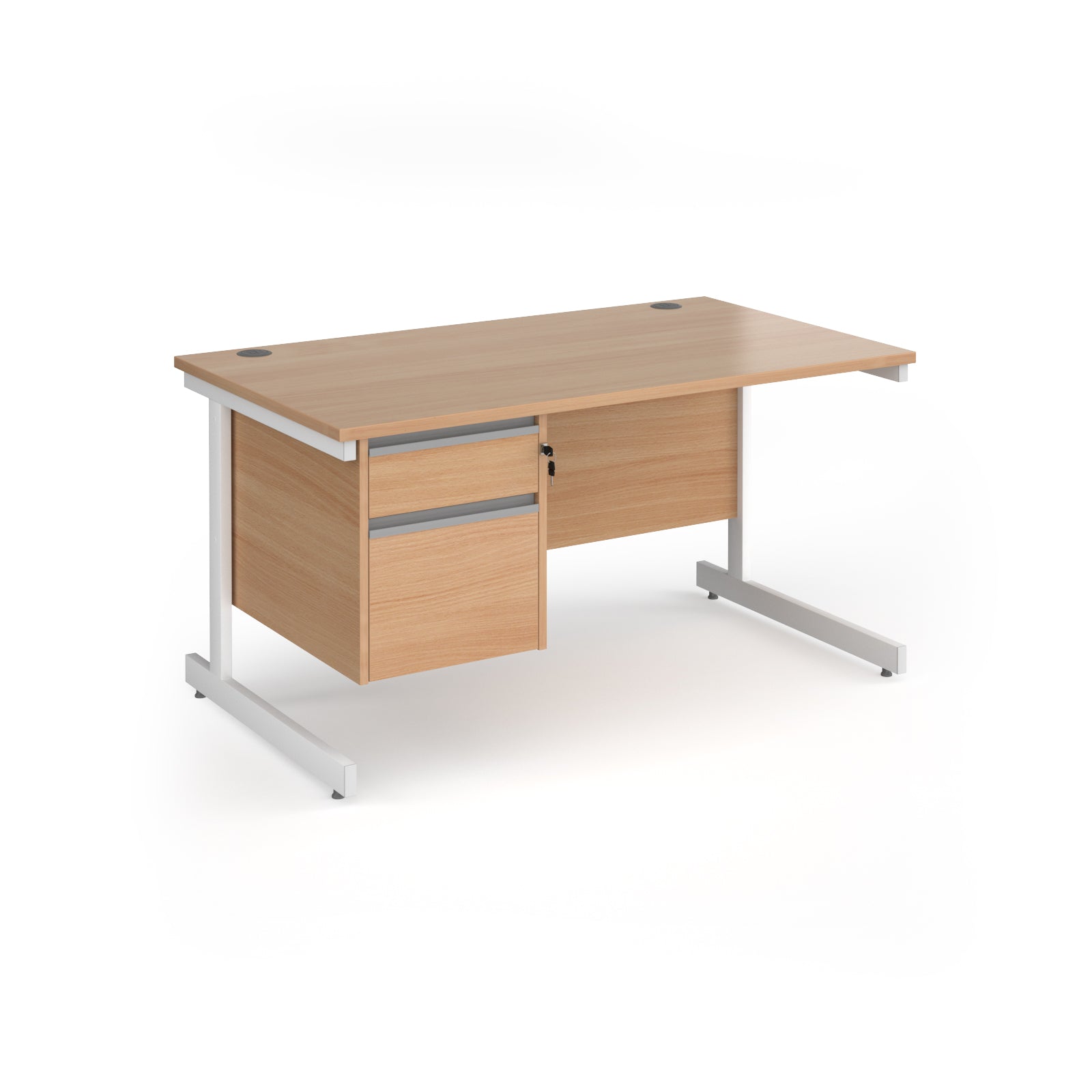 Rectangular desk with wood-effect top and matching 2-drawer pedestal, with white metal frame, shown on a white background