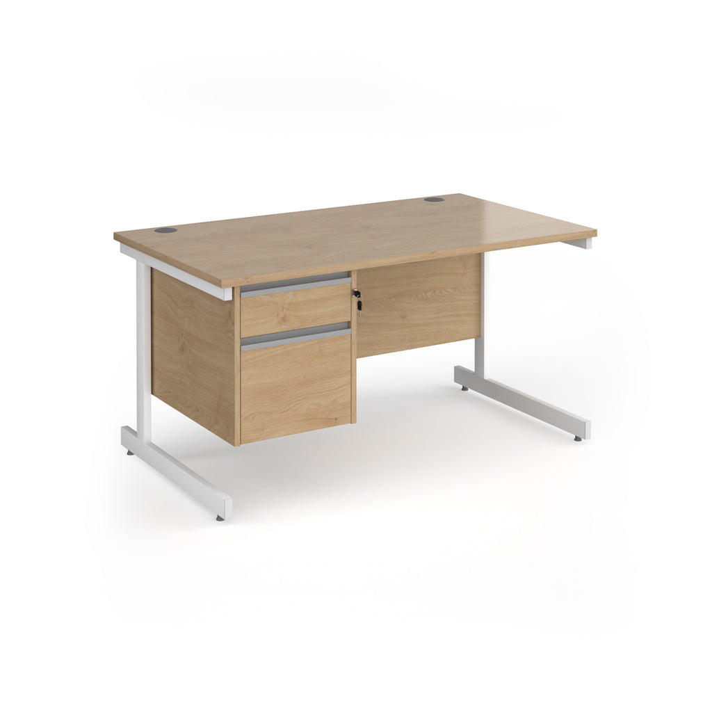 Rectangular desk with wood-effect top and matching 2-drawer pedestal, with white metal frame, shown on a white background