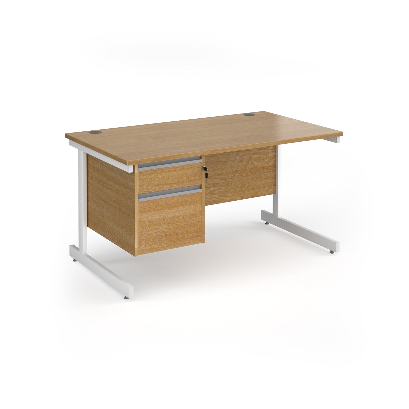 Rectangular desk with wood-effect top and matching 2-drawer pedestal, with  white metal frame, shown on a white background